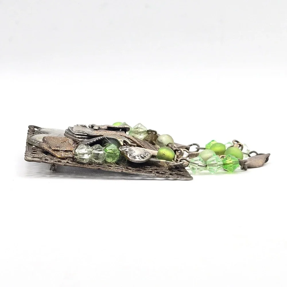 Mixed Metal Assemblage Brooch Cherub Heart Playing Cards Green Glass Bead Dangle